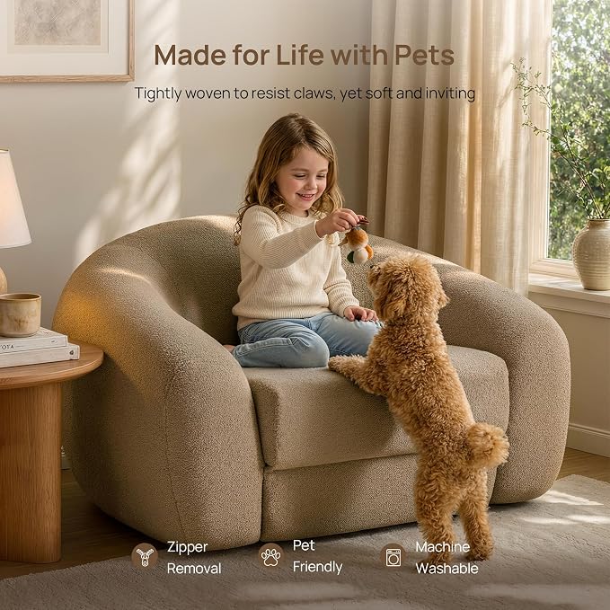 SICOTAS 49.9" Curved Convertible Sofa Couch Bed for Living Room Futon Cloud Boneless Sleeper Chair Pull Out Floor Couch with Deep Seat Single Sofa Foam Lounger No Assembly for Bedroom Apartment, Brown