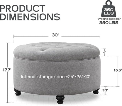 HUIMO 30-Inch Round Storage Ottoman, Modern Button Tufted Coffee Table with Removeable Top, Upholstered Ottoman with Storage Footrest Stool for Living Room, Bedroom and Office(Grey)