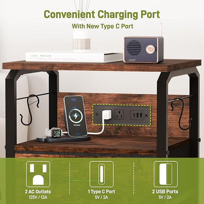 runjuly Night Stand with Charging Station, LED Nightstand with 3 Fabric Drawers and Hooks, Small End Table with Light and USB C Port, Storage Side Table for Bedroom, Rustic Brown
