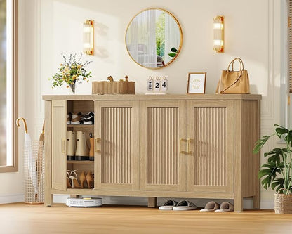 usikey 55" Buffet Cabinet with Storage, Large Sideboard Buffet Cabinet with 4 Adjustable Shelves, Modern Fluted Coffee Bar for Kitchen, Living Room, Natural