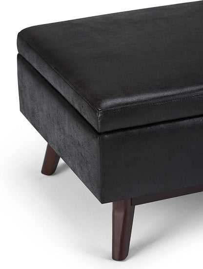SIMPLIHOME Owen Coffee Table Storage Ottoman - 34" Wide x 19" High Upholstered Vegan Leather Rectangular Lift-Top Ottoman in Distressed Black, Mid-Century Bench for Living Room with Tapered Legs