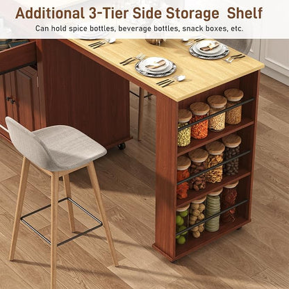 80"-48" Extendable Kitchen Island with Extended Dining Table and Power Outlet,Large Mobile Kitchen Storage Islands with 2 Storage Drawers,Rolling Islands Cart with 3 Extra Rows Open Shelves(Brown)