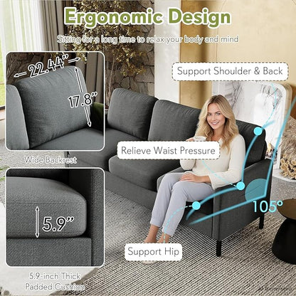 STHOUYN 72" W 3 Seater Couch with 2 USB, Comfy Grey Couch with 2 Pockets, Living Room Sofas with Reinforced Steel Frame, Cheap Sofas for Small Spaces, Dorm, Bedroom