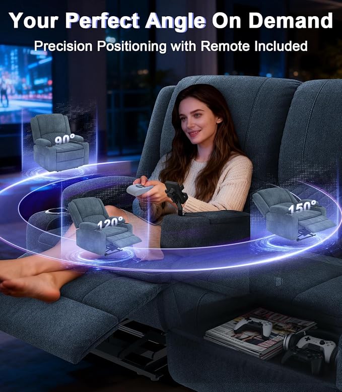Power Loveseat Recliner Sofa, Removable Armrest 3 Seats Power Reclining Loveseat with Remote Liftable Console, Wall Hugger RV Theater Seating with Storage & USB & RGB (Fabric, Blue)