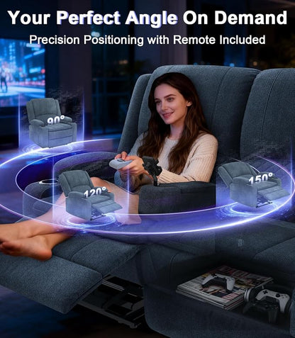 Power Loveseat Recliner Sofa, Removable Armrest 3 Seats Power Reclining Loveseat with Remote Liftable Console, Wall Hugger RV Theater Seating with Storage & USB & RGB (Fabric, Blue)