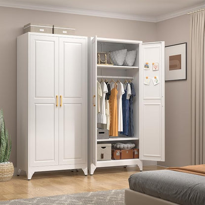 UNICOLY Armoire Wardrobe Closet with Doors, 71'' Wardrobe Cabinet with Hanging Rod, Metal Closet with 2 Adjustable Shelves for Bedroom School, Employee, Gym, Armarios De Ropa para Dormitorio, White