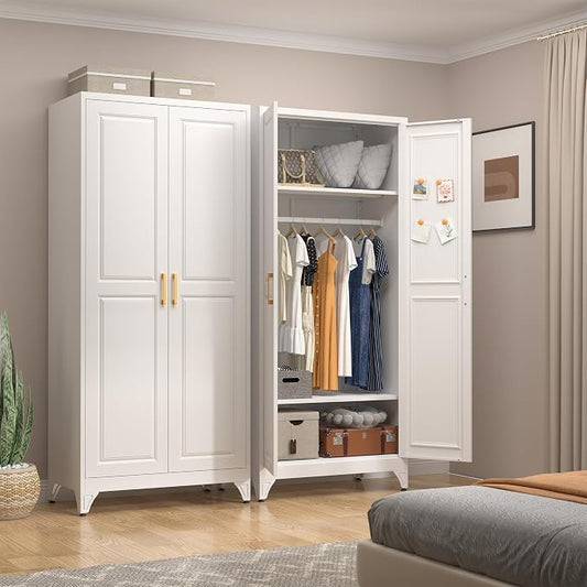 UNICOLY Armoire Wardrobe Closet with Doors, 71'' Wardrobe Cabinet with Hanging Rod, Metal Closet with 2 Adjustable Shelves for Bedroom School, Employee, Gym, Armarios De Ropa para Dormitorio, White