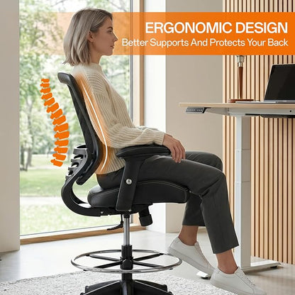BOLISS 400lbs Mid Back Premium Leather Ergonomic Drafting Chair Office for Adjustable Desk Wide Chair Built-in Lumbar Support Adjustable Foot Ring Height Adjustable Armrest (Black Leather)
