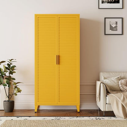 Yellow Metal Storage Cabinet, 4-Tier Tall Cabinet with Adjustable Shelves and Hanging Rod, Louvered Door Freestanding Lockers for Home, Living Room, Kitchen, Bedroom,garage 61" H X 27.6" W X 13.8" D