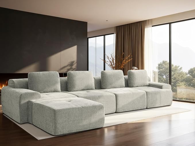 159" L-Shaped Modular Sectional Sofa, Oversized Boneless Cloud Couch for Living Room with Extra Deep Seat & High Back, Tool-Free No Assembly, Soft Chenille (Light Grey, 159 inch-L Shaped（4+1）)