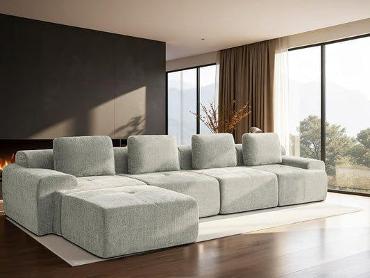 159" L-Shaped Modular Sectional Sofa, Oversized Boneless Cloud Couch for Living Room with Extra Deep Seat & High Back, Tool-Free No Assembly, Soft Chenille (Light Grey, 159 inch-L Shaped（4+1）)