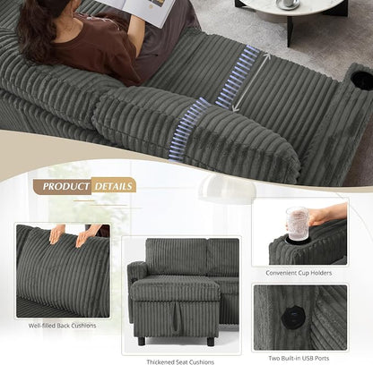 84" Corduroy Pull Out Sofa Bed w/Adjustable Backrests, Sectional L-Shape Sleeper Sofa w/Storage Chaise, Convertible Couch Bed w/USB Charging Port & Cup Holders for Living Room, House, Grey