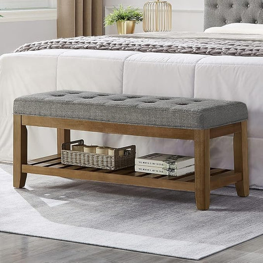 24KF Large Rectangular Upholstered Tufted Linen Fabric Ottoman Bench, Padded Bench with Solid Wood Shelf-Granite