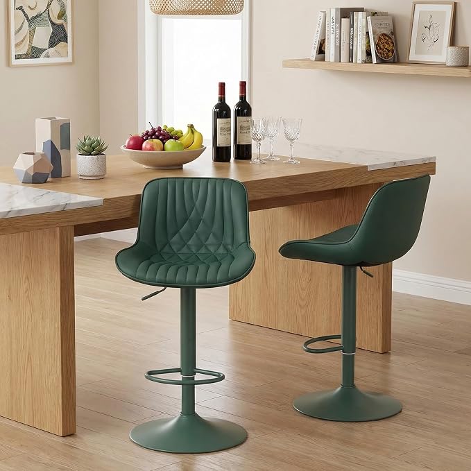 YOUTASTE Faux Leather Bar Stools Set of 2, All Dark Green Upholstered Counter Height Barstools with Back, Adjustable Swivel Stool Chair with Dark Green Metal Base for Home Kitchen Island