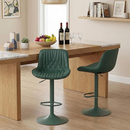 YOUTASTE Faux Leather Bar Stools Set of 2, All Dark Green Upholstered Counter Height Barstools with Back, Adjustable Swivel Stool Chair with Dark Green Metal Base for Home Kitchen Island