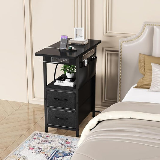 Yenlure Small Side Table with Charging Station, Narrow Nightstand Bedside Tables with Storage Pocket for Living Room Bedroom, Sofa End Table with USB Ports and Power Outlets for Small Spaces