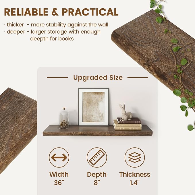 Live Edge Floating Shelves for Wall Decor, Solid Elm Wood Floating Shelves Wall Mounted, Rustic Wall Shelves with Invisible Bracket for Living Room Bathroom Bedroom Kitchen, 36 Inch Set of 2, Walnut