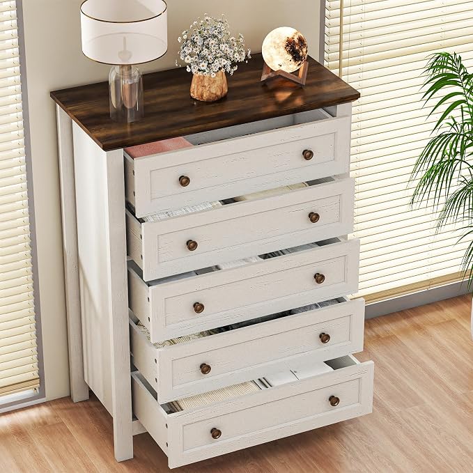Farmhouse Dresser Nightstand Sets, 3-Piece Bedroom Furniture Set for Home | 5/6 Drawer Dresser Closet & 3 Drawer Nightstand, Chest of Drawers for Bedroom, Living Room, Entryway, Antique White