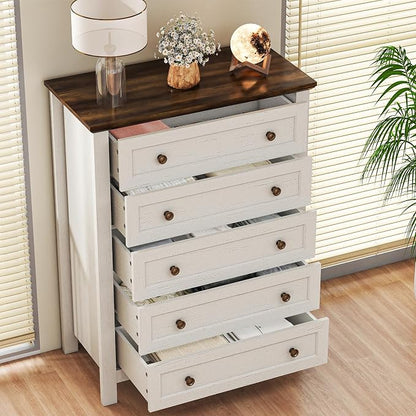 Farmhouse Dresser Nightstand Sets, 2-Piece Bedroom Furniture Set for Home | 5 Drawer Dresser Closet set of 2, Chest of Drawers for Bedroom, Living Room, Entryway, Antique White