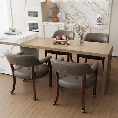 LEEMTORIG Set of 4 Dining Chairs with Casters and Arms, Rolling Dining Chairs with Wheels for Elderly, Ergonomic Wide Seat Wooden Office Chair, 26" Dx25.2 W, Cherry Legs&Dark Brown Fabric SY-1533-DK