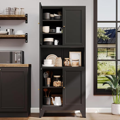 69" H Kitchen Pantry Cabinet with Countertop,Kitchen Hutch Cabinet with Storage,Black Metal Storage Cabinet,Microwave Cabinet,