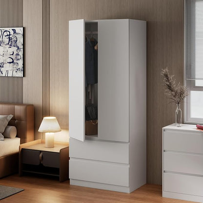Mekminop White Armoire Wardrobe Closet with Large Capacity, 78.74" Tall Bedroom Armoire, Wooden Wardrobe Cabinet with 2 Drawers, Storage Shelves and Hanging Rod
