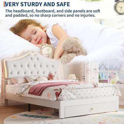 Garvee Full Size Bed Frame with LED Lights & Velvet Crystal Button Headboard, Upholstered Boy/Girl Platform Bed with Storage Drawer, Noise Free, No Box Spring Needed for Kids, Teens, Beige