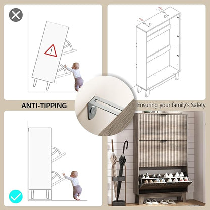 Shoe Cabinet Storage for Entryway with 3 Flip Drawers, Fluted Narrow Shoe Organizer with Wooden Legs, Freestanding Slim Shoe Storage Hidden Shoe Rack Organizer for Front Door Entrance, Hallway, Grey