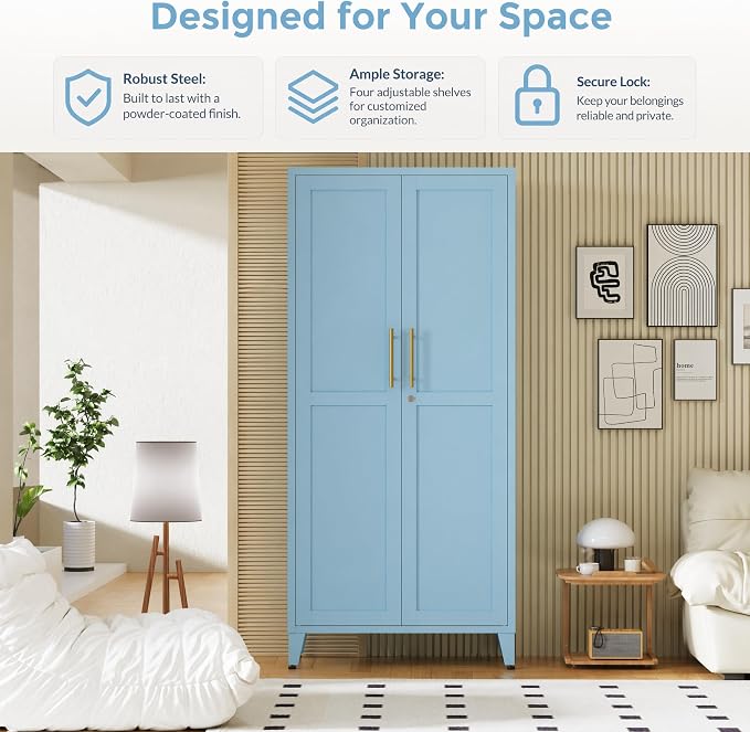 61" Tall Farmhouse Metal Storage Cabinet, Kitchen Pantry Storage Cabinets with 2 Barn Door and 3 Adjustable Shelves, for Home, Office, Kitchen, Laundry Room, Kids Room, Entryway, Blue