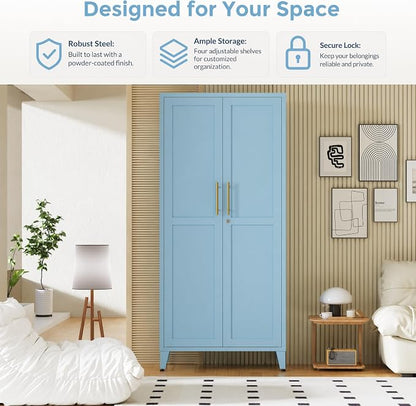 61" Tall Farmhouse Metal Storage Cabinet, Kitchen Pantry Storage Cabinets with 2 Barn Door and 3 Adjustable Shelves, for Home, Office, Kitchen, Laundry Room, Kids Room, Entryway, Blue