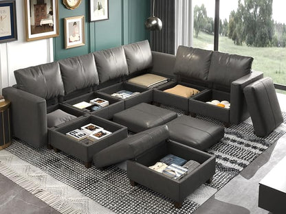 EASE MOOSE Faux Leather Modualr Sectional Couch with Storage,Gray Faux Leather Sectional Sofa Modular Couch,Grey