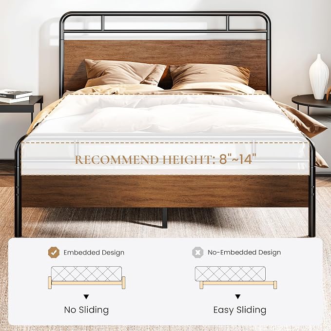 SHA CERLIN Queen Size Bed Frame with Wooden Headboard and Footboard, Rounded Corner Metal Structure, Heavy Duty Slats with Under-Bed Storage, No Box Spring Needed, Walnut