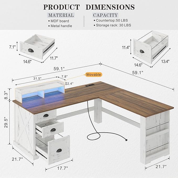 Lareth L Shaped Desk with Monitor Stand Farmhouse Computer Desk with Led Light and Power Outlet, Executive Desk for Home Office Room Workstation with File Cabinet for Working Gaming, Antique White