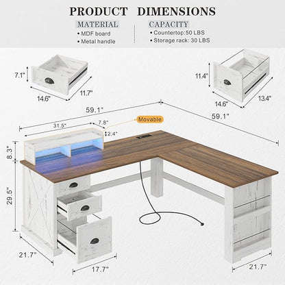 Lareth L Shaped Desk with Monitor Stand Farmhouse Computer Desk with Led Light and Power Outlet, Executive Desk for Home Office Room Workstation with File Cabinet for Working Gaming, Antique White