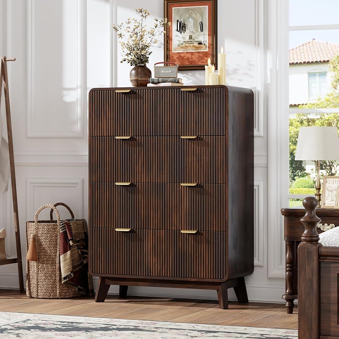 QUW Fluted 5 Drawers Dresser for Bedroom, Modern 40.2" Tall Drawer Dressers with Metal Handle, Wooden Chest of Dresser for Living Room, Hallway, Solid Wood Legs, Curved Profile Design, Dark Walnut