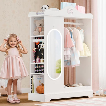 Xilingol Kids Armoire Dress Up Storage with Mirror, Kids Wardrobe Closet with Jewelry Cabinet and Storage Shelves, Open Hanging Armoire Costume Organizer for Bedroom (White)