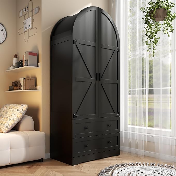Gyfimoie Black Armoire Wardrobe Closet with 2 Drawers, 75" Wooden Wardrobe with 2 Doors, Freestanding Closet Armoire Cabinet with Hanging Rack, Clothing Storage Cabinet for Bedroom (Black)