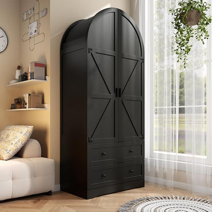 Gyfimoie Black Armoire Wardrobe Closet with 2 Drawers, 75" Wooden Wardrobe with 2 Doors, Freestanding Closet Armoire Cabinet with Hanging Rack, Clothing Storage Cabinet for Bedroom (Black)