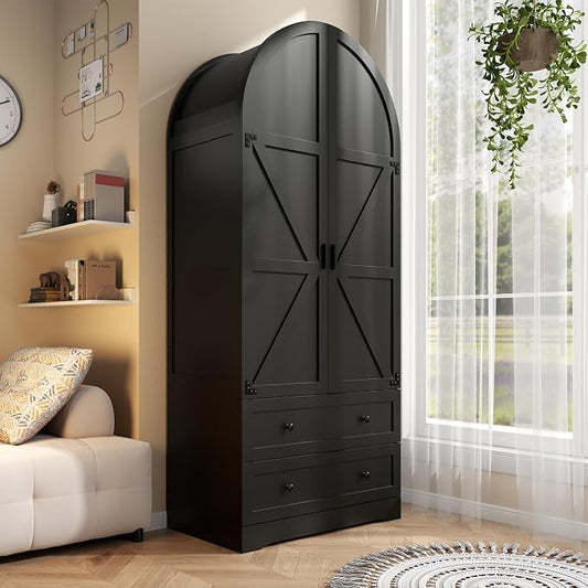 Gyfimoie Black Armoire Wardrobe Closet with 2 Drawers, 75" Wooden Wardrobe with 2 Doors, Freestanding Closet Armoire Cabinet with Hanging Rack, Clothing Storage Cabinet for Bedroom (Black)
