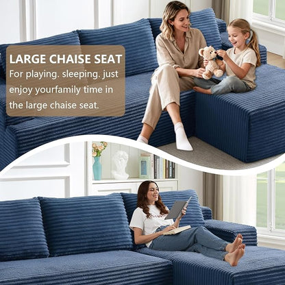 96.1" Modular Sectional Sofa Couches L-Shape Couch 3 Seat Modular Sofa Corduroy Memory Foam Sectional Boneless Couches for Living Room, Cloud Couch with Oversized Chaise(Blue, Right Facing)