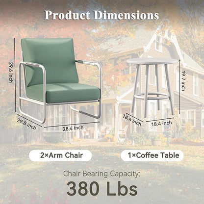 3 Pieces Aluminum Outdoor Patio Conversation Set, 6" Cushions & Coffee Table, All-Weather Rust-Resistant Frame for Porch Garden Backyard, White