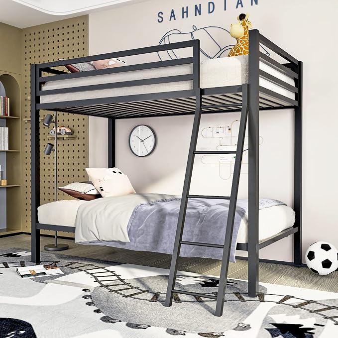 ikalido Metal Loft Bunk Bed Twin Over Twin Size with Ladder, Matte Black | Safety Guardrail,No Box Spring Needed, Space Saving Bedroom Furniture