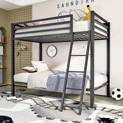 ikalido Metal Loft Bunk Bed Twin Over Twin Size with Ladder, Matte Black | Safety Guardrail,No Box Spring Needed, Space Saving Bedroom Furniture