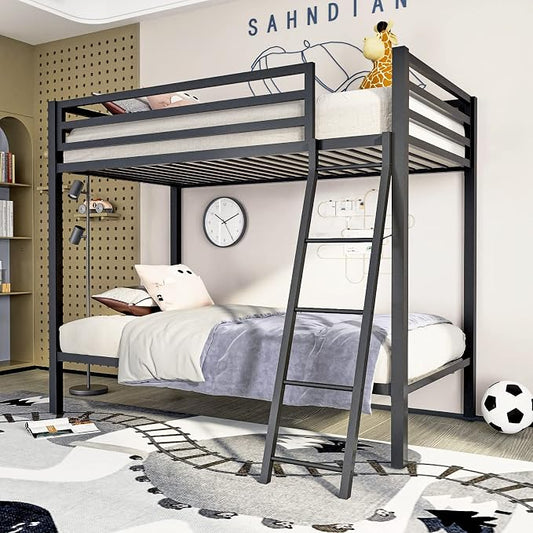 ikalido Metal Loft Bunk Bed Twin Over Twin Size with Ladder, Matte Black | Safety Guardrail,No Box Spring Needed, Space Saving Bedroom Furniture