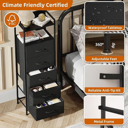 Somdot Tall Dresser for Bedroom, 5 Drawers Nightstand Vertical Storage Tower Unit, Night Stand Furniture with Fabric Drawer Organizer in Bedside Hallway, Entryway, Kids Room, Closet, Black