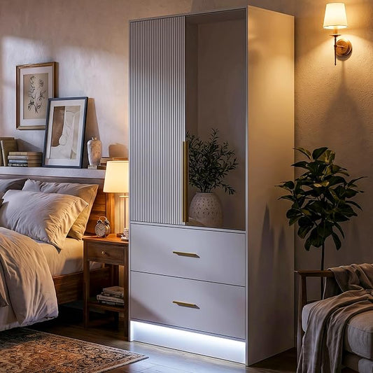 Armoire Wardrobe Closet with Mirror, Light and Fluted Doors, Tall Bedroom Armoire with Hanging Rod and 2 Drawers, White