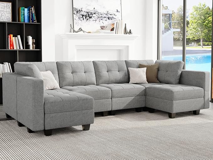 Belffin Modular U Shaped Sectional Sofa Couch with Reversible Chaises 6-seat Sectional Couch with Storage Seat Modular Sectional Set with Ottomans Light Grey