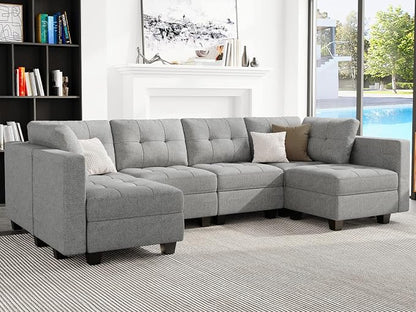 Belffin Modular U Shaped Sectional Sofa Couch with Reversible Chaises 6-seat Sectional Couch with Storage Seat Modular Sectional Set with Ottomans Light Grey
