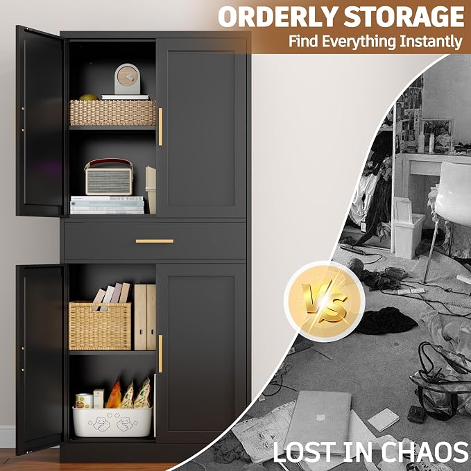 71” Tall Kitchen Pantry Cabinet, Metal Storage Cabinet with 1 Drawer and 2 Adjustable Shelves for Kitchen, Living Room, Laundry Room