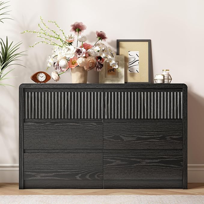 LYNSOM 6 Drawer Dresser for Bedroom, 50" Wide Fluted Dresser with Curved Corners, Wood Dressers & Chests of Drawers with Dual-Panel Design for Bedroom, Entryway, Black